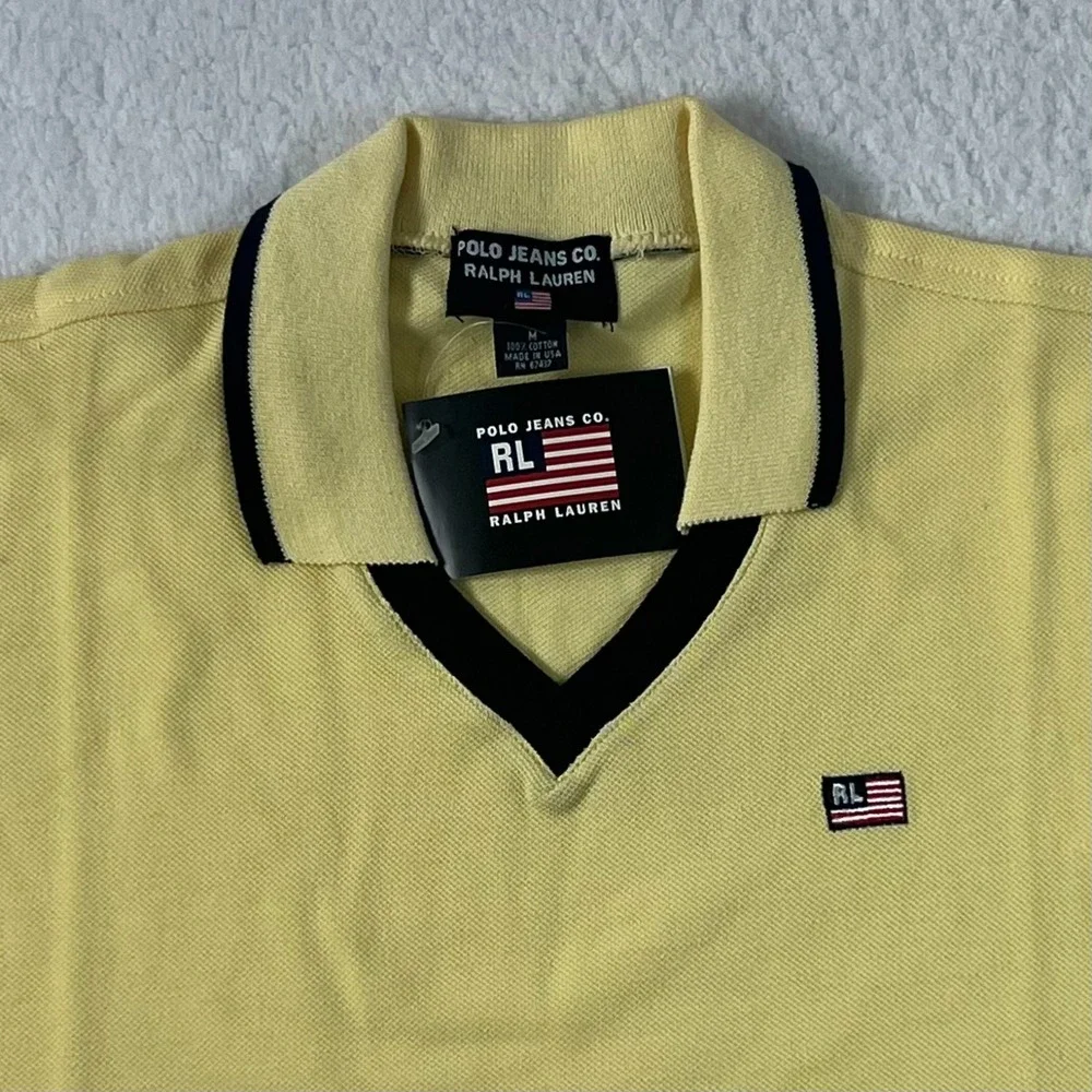 Polo Jeans Co. Polo Shirt Collard V-neck Made in USA Yellow Men's Size M VTG NWT